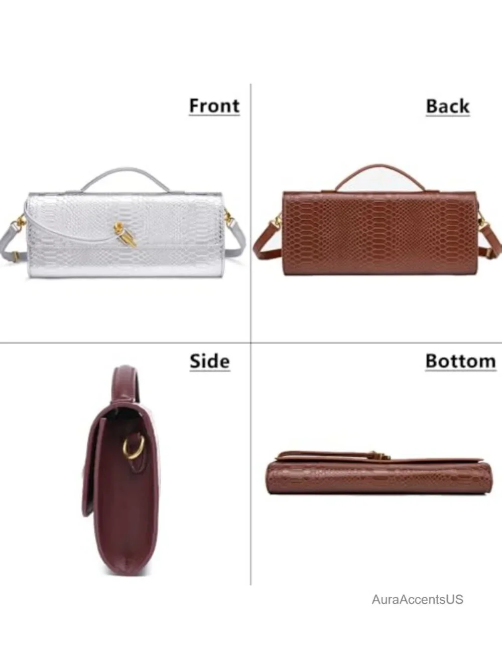 Vegan PU Leather Evening Clutch with Detachable Strap, 3-in-1 Convertible